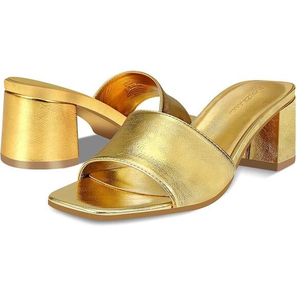 Pizz Annu Womens 7.5 Shiny Gold Open Toe 2.5" Block Heel Slide On Sandal Shoes - Picture 2 of 5